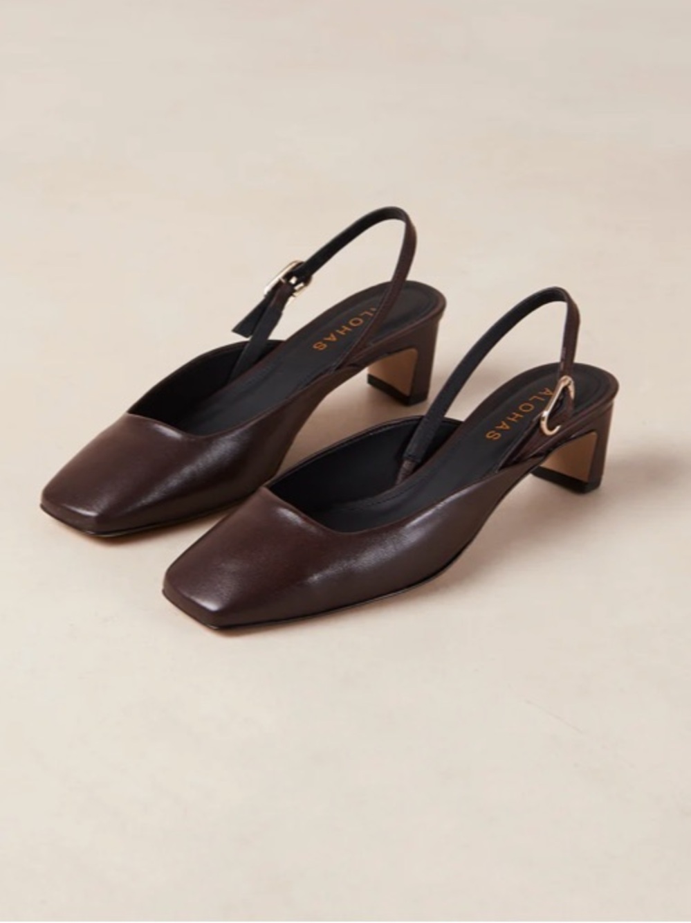 ALOHAS Brown Leather Slingback Heels with Gold Buckle NWT
